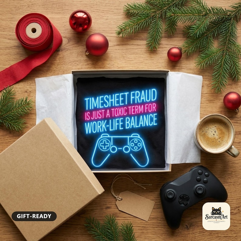 Gift-ready: the Black "Timesheet Fraud Is Just a Toxic Term for Work-Life Balance" neon gamer T-shirt by SarcasmArt folded in a gift box with a game controller and Christmas decorations.