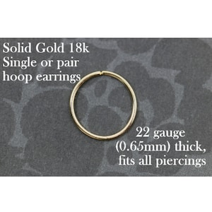Yellow Gold 18k solid, not plated or filled Hoop Earring 22 ga Cartilage Tragus Helix Nose Ring Small Tiny Catchless Seamless Little Sleeper