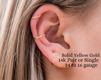 YELLOW Solid Gold 14k, Minimalist Hoop Earring. Hypoallergenic. Tiny Catch-less Seamless Sleeper Continuous.