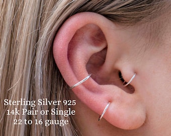 STERLING SILVER 925 Hoop Earring 22g to 16g Cartilage Tragus Helix Nose Small Tiny Catchless Seamless Little Sleeper
