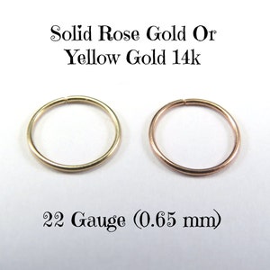 Yellow OR Rose Gold 14k solid, not plated or filled Hoop Earrings PAIR Cartilage Tragus Helix Small Tiny Catchless Seamless Little Sleeper