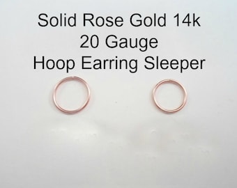 ROSE Gold 14k solid, not plated or filled Hoop Earring 20 ga Cartilage Tragus Helix Nose Ring Small Tiny Catchless Seamless Little Sleeper