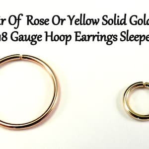 Yellow OR Rose Gold 14k solid, not plated or filled Hoop Earrings PAIR 18 Gauge Cartilage Tragus Helix Small Tiny Catchless Seamless Sleeper