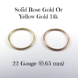 Boucle d'oreille simple anneau, oreille, Cartilage, nez, lèvres, en fil de vrai Or Jaune OU Rose 14k, 22 Gauge (0.65mm).