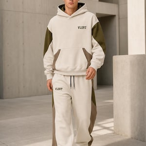 Herrmönstrad träningsoverall med överdimensionerad passform, krämfärgad olivgrön huvtröja och vida träningsbyxor, streetwear-set i kraftig bomullsfleece