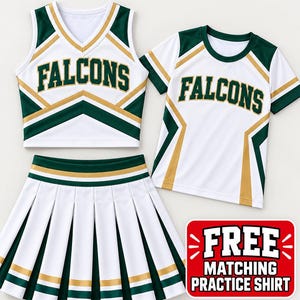 May include: A white, green, and gold cheerleading uniform set featuring a sleeveless V-neck top and a pleated skirt, both with the word FALCONS printed in dark green. Includes a short-sleeved white, green, and gold practice shirt.