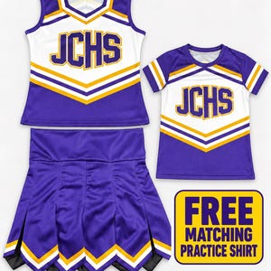 May include: A purple and white sleeveless cheerleading shell top with the text JCHS, a matching pleated skirt with purple, white, and gold trim, and a short-sleeved purple and white practice shirt with the text JCHS and a yellow graphic box.
