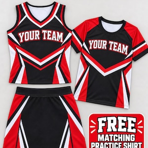 May include: A black, red and white cheer uniform set consisting of a sleeveless V-neck top and a skirt, accompanied by a short-sleeved practice shirt. The garments feature the text "YOUR TEAM" and the image includes text "PERSONALIZED CHEER UNIFORM".