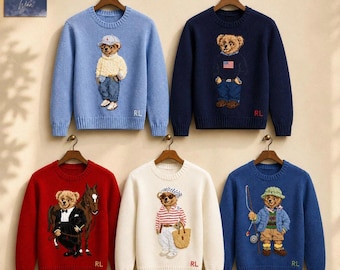 Polo Ralph Lauren Bear Sweater, Preppy Vintage Style Crewneck Pullover Sweatshirt