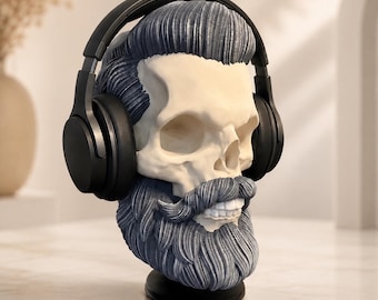 3D Printed Skull Stand | Hat, Headphone, Helmet Holder | White with Blue Beard