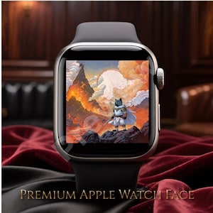 May include: A smartwatch with a black silicone band and a rectangular screen displaying a digital illustration of a cat warrior in a white cape standing on a rocky cliff before a volcanic mountain landscape with orange and yellow clouds.