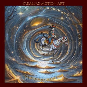 May include: A digital illustration titled PARALLAX MOTION ART CHASE THROUGH THE TIME by ROGGIE DE LOU'S ADVENTURE STUDIO. It depicts a cat dressed in a formal coat and hat riding a white horse through a swirling, golden-lit blue vortex of light.