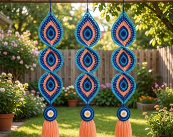 Haakpatroon voor een windmolen met pauwenoog, turquoise boho tuinornament (PDF)
