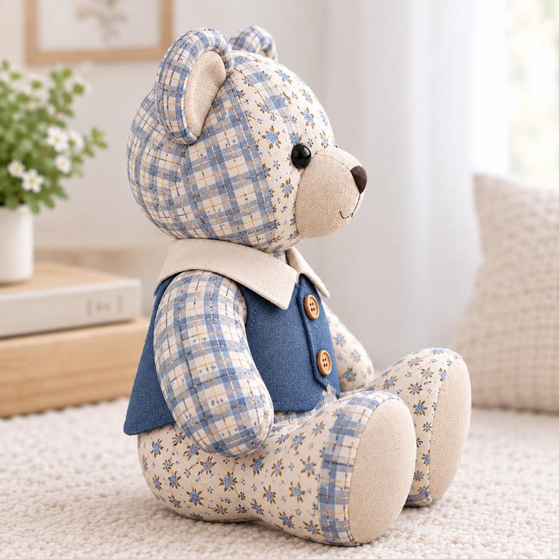 K&ouml;nnte beinhalten: Ein Stoffteddyb&auml;r aus blau-wei&szlig; kariertem Stoff und einem Blumenmuster. Der B&auml;r tr&auml;gt eine einfarbige blaue Weste mit zwei braunen Kn&ouml;pfen und einem cremefarbenen Kragen. Er hat schwarze Knopfaugen und eine hellbeige Schnauze.