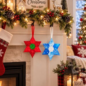 Modello PDF per cucire una stella decorativa, decorazione per albero di Natale a forma di esagono a 6 punte in patchwork, progetto con ritagli di stoffa, regalo di Natale, download immediato