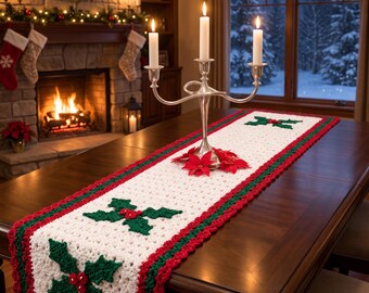 Christmas Holly Crochet Table Runner Pattern, Scalloped Border, Holiday Decor (PDF)