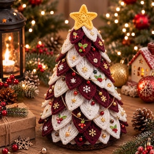 May include: A decorative tabletop Christmas tree constructed from layered, pointed crochet leaves in alternating deep burgundy and cream white colours, topped with a yellow crochet star and adorned with small gold beads and snowflake embroidery.