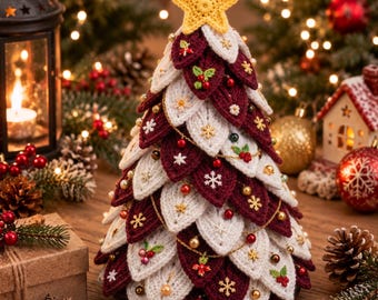 Haakpatroon voor een kerstboom voor beginners (PDF) – Kegel met gelaagde bladeren en een ster als top, feestelijke tafeldecoratie