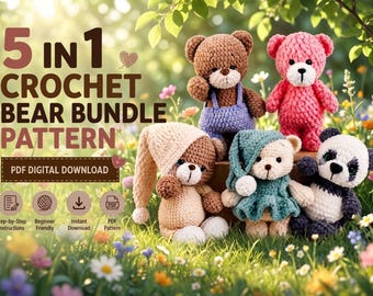 5 in 1 Teddy Bear Crochet Bundle, Amigurumi (PDF Patterns), English Tutorial, Digital Download