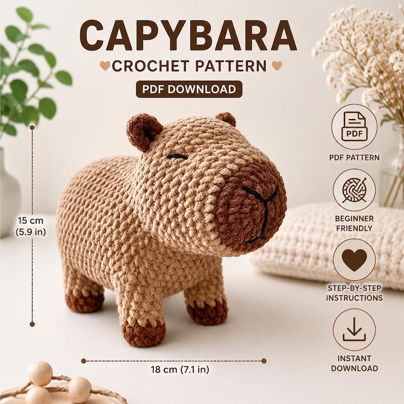 Op de afbeelding: Een gehaakt capybara-speeltje van lichtbruin en donkerbruin garen, 15 cm hoog en 18 cm lang. De tekst luidt CAPYBARA CROCHET PATTERN PDF DOWNLOAD, PDF PATTERN, BEGINNER FRIENDLY, STEP-BY-STEP INSTRUCTIONS, INSTANT DOWNLOAD.