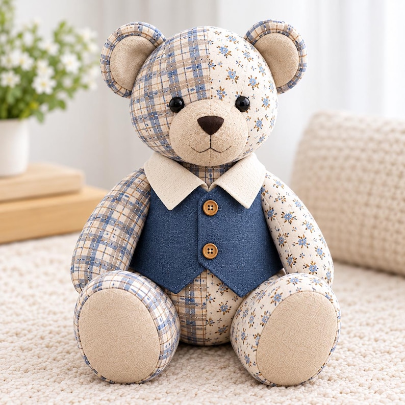 K&ouml;nnte beinhalten: Ein Stoffteddyb&auml;r im Patchwork-Design, der auf einer Seite blau-beigen Karostoff und auf der anderen cremefarbenen Stoff mit kleinen blauen Blumenmustern aufweist. Der B&auml;r tr&auml;gt einen cremefarbenen Kragen und eine dunkelblaue Weste mit zwei Holzkn&ouml;pfen.