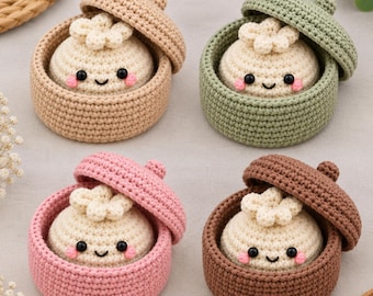 Now-Sew Dimple the Dumpling Crochet Pattern – Amigurumi Basket & Steamer Dumpling Plush, Dumpling Keychain, Easy Kawaii, PDF Pattern