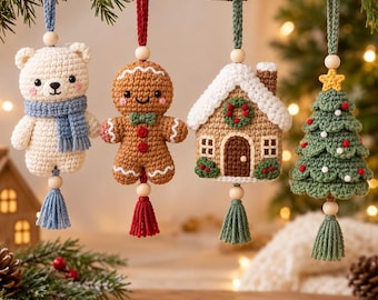 Crochet Christmas Ornament Pattern Set: Polar Bear, Gingerbread, House, Tree (PDF)