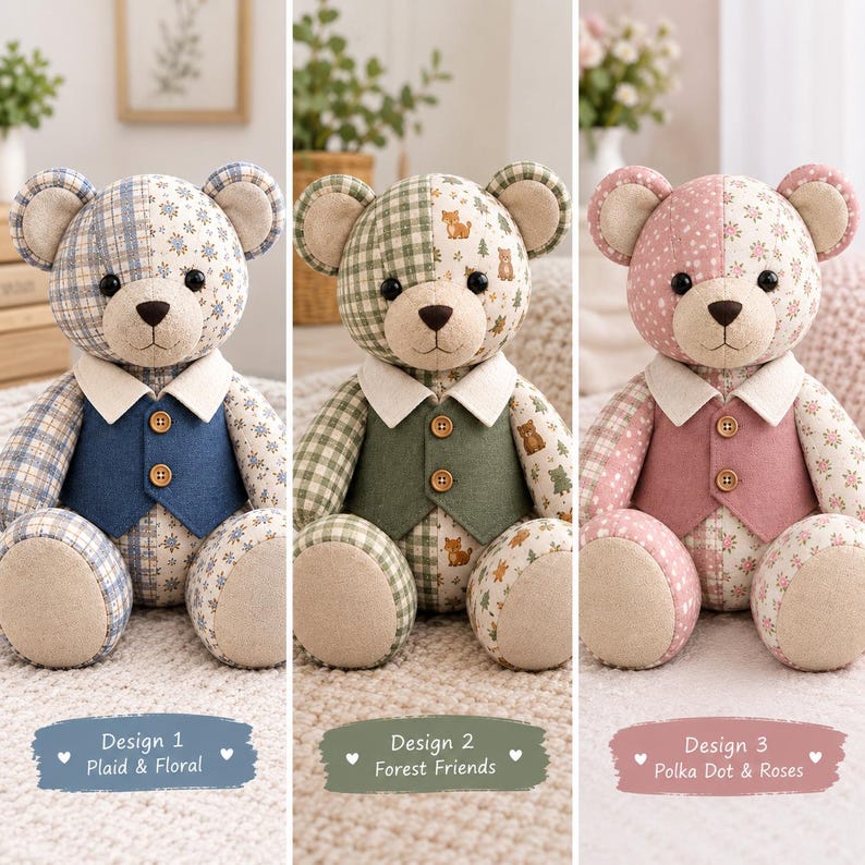 K&ouml;nnte beinhalten: Drei Pl&uuml;schb&auml;ren, die jeweils eine Weste mit zwei Holzkn&ouml;pfen tragen. Design 1 ist blau kariert und gebl&uuml;mt. Design 2 ist gr&uuml;n kariert mit Waldtiermotiven. Design 3 ist rosa mit Punkten und Rosen. Jeder B&auml;r hat einen wei&szlig;en Kragen.