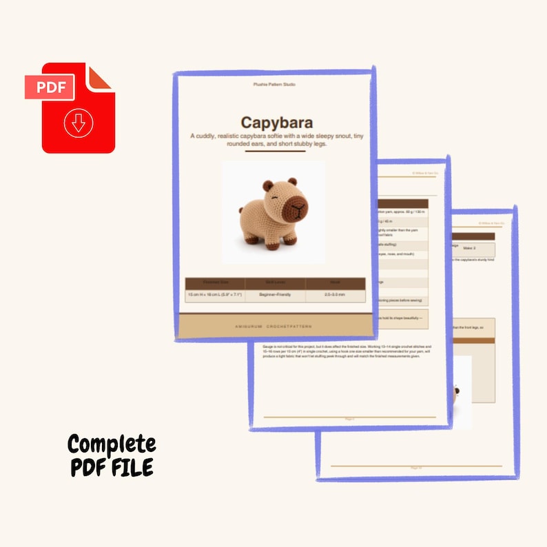 Op de afbeelding: Een digitaal PDF-patroondocument voor een gehaakte capibara. Het document bevat een foto van een beige capibara met een donkerbruine snuit, tekst die het project beschrijft en een tabel met afmetingen van 15 cm bij 10 cm.