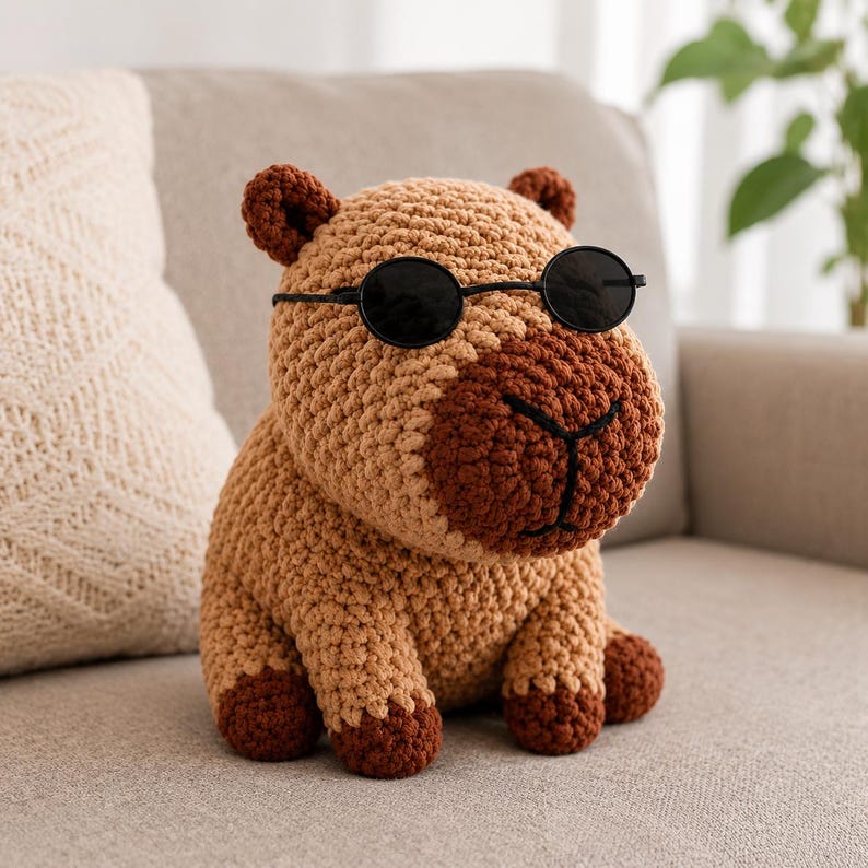 Op de afbeelding: Een gehaakt capybara knuffeldier gemaakt van lichtbruin garen, met een donkerbruine snuit en pootjes. Het knuffeldier heeft kleine ronde oortjes en draagt een ronde zwarte zonnebril met een dun metalen montuur over de ogen.