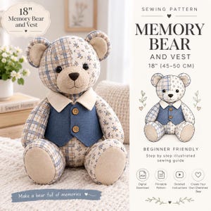 Pode incluir: Um molde de costura para um urso de memória de 45-50 cm com colete, apresentando um urso de pelúcia feito de tecido patchwork com padrões florais e xadrez azul. O urso veste um colete azul sólido com dois botões e uma gola branca. Texto: Memory Bear and Vest.