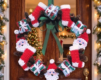 Crochet Christmas Wreath Pattern PDF, Santa Stocking, Pinecones, Festive Door Decor (Digital Download)