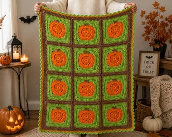Pumpkin Granny Square Crochet Blanket Pattern (PDF), Halloween Autumn Throw, Beginner Crochet (Instant Download)