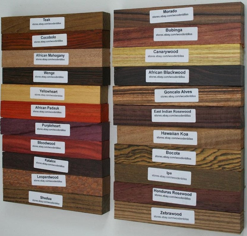 May include: A collection of labelled wood samples, displaying a variety of colours and grain textures. The samples range from pale yellow to rich reds and dark browns. Each sample is identified with its wood type and a website address.