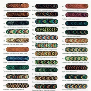 May include: A colour chart showcasing wood grain patterns, each sample a horizontal oval. The samples display a variety of tones, including red, blue, green, and natural hues. Text labels identify each pattern, with names such as "Rosewood Burgundy" and "Indigo Royalwood."