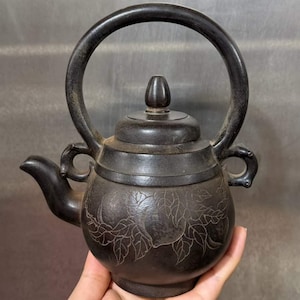 Vintage Zisha Teapot, Peach Engraving Overhead Handle, Collector Purple Clay Teaware