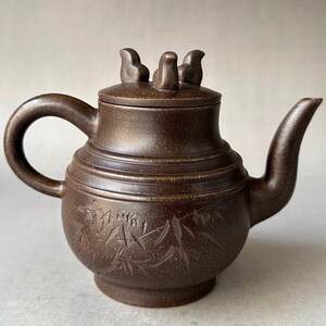 Handmade Zisha Teapot, Bamboo Carved Purple Clay Gongfu Tea Pot, 400ml
