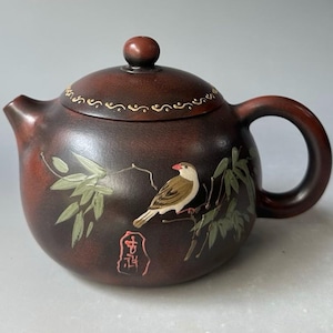 Vintage Zisha-Teekanne, handgefertigt mit bemaltem Ton, Vogel- und Bambusmotiv, abgerundete Gongfu-Teekanne, 360 ml