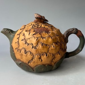 Handmade Zisha Teapot, Butterfly and Flower Relief, Sculptural Gongfu Tea Pot