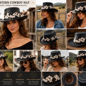 May include: A black cowboy hat featuring a white and black cowhide pattern band around the crown. The hat includes a thin black leather strap with a small metal buckle detail. The design is consistent across multiple views, showing the top and interior.