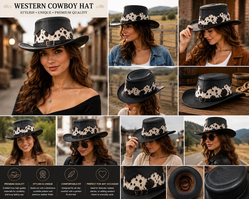 May include: A black cowboy hat featuring a white and black cowhide pattern band around the crown. The hat includes a thin black leather strap with a small metal buckle detail. The design is consistent across multiple views, showing the top and interior.