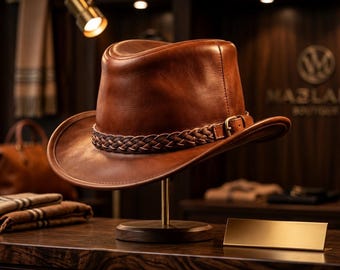 Handcrafted Premium Leather Cowboy Hat - Genuine Cognac Suede Western Headwear - Artisan Crafted Traditional Outback Style Hat
