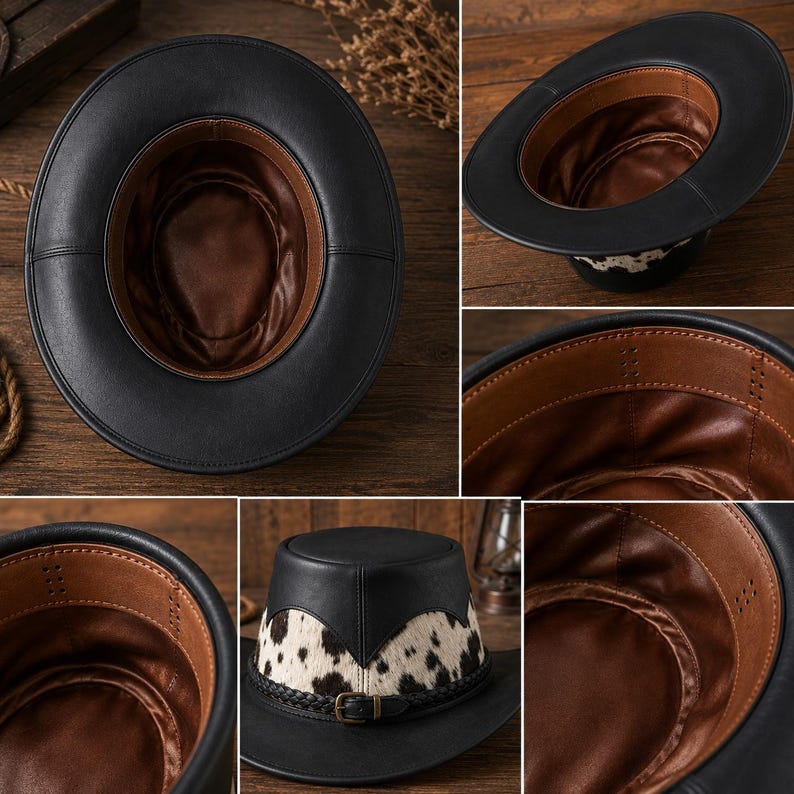 May include: A black hat featuring a wide brim and a crown accented with a white and black cow print pattern. The hat includes a braided black band with a metal buckle, a smooth brown interior lining, and visible stitching along the inner band.