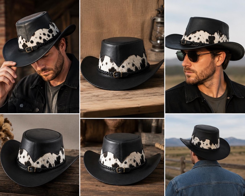 May include: A black leather cowboy hat featuring a white and black cowhide patterned band around the crown. The hat includes a braided leather hatband with a small metal buckle detail. The design has a flat top and a wide, curved brim.