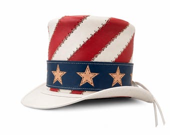 Handmade Uncle Sam Leather Top Hat, American Flag Hat, Patriotic Costume Hat, Independence Day Hat,USA Parade Cosplay Hat