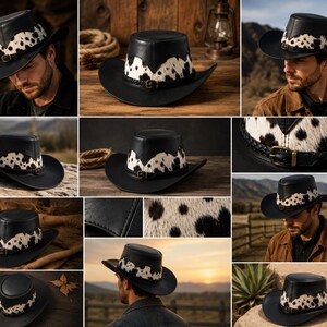 May include: A black leather cowboy hat featuring a white and black cow print fur band around the crown. The hat includes a thin, braided black leather strap with a small metal buckle detail. The design has a flat top and a wide, curved brim.