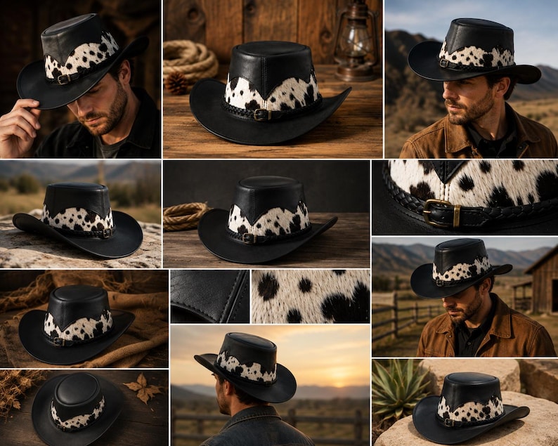 May include: A black leather cowboy hat featuring a white and black cow print fur band around the crown. The hat includes a thin, braided black leather strap with a small metal buckle detail. The design has a flat top and a wide, curved brim.