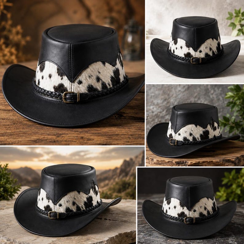 May include: A black leather cowboy hat featuring a white and black cow print fur band around the crown. The hat includes a braided black leather hatband with a small metal buckle detail. The design has a flat top and a wide, curved brim.