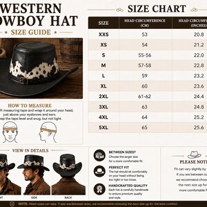 May include: A Western cowboy hat size guide featuring a black hat with a cow print band, a detailed size chart with head circumference in centimeters and inches, instructions on how to measure, and front, side, and back views of the hat.