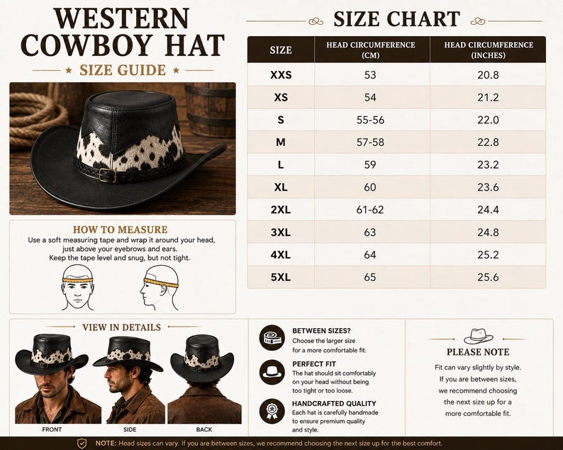 May include: A Western cowboy hat size guide featuring a black hat with a cow print band, a detailed size chart with head circumference in centimeters and inches, instructions on how to measure, and front, side, and back views of the hat.
